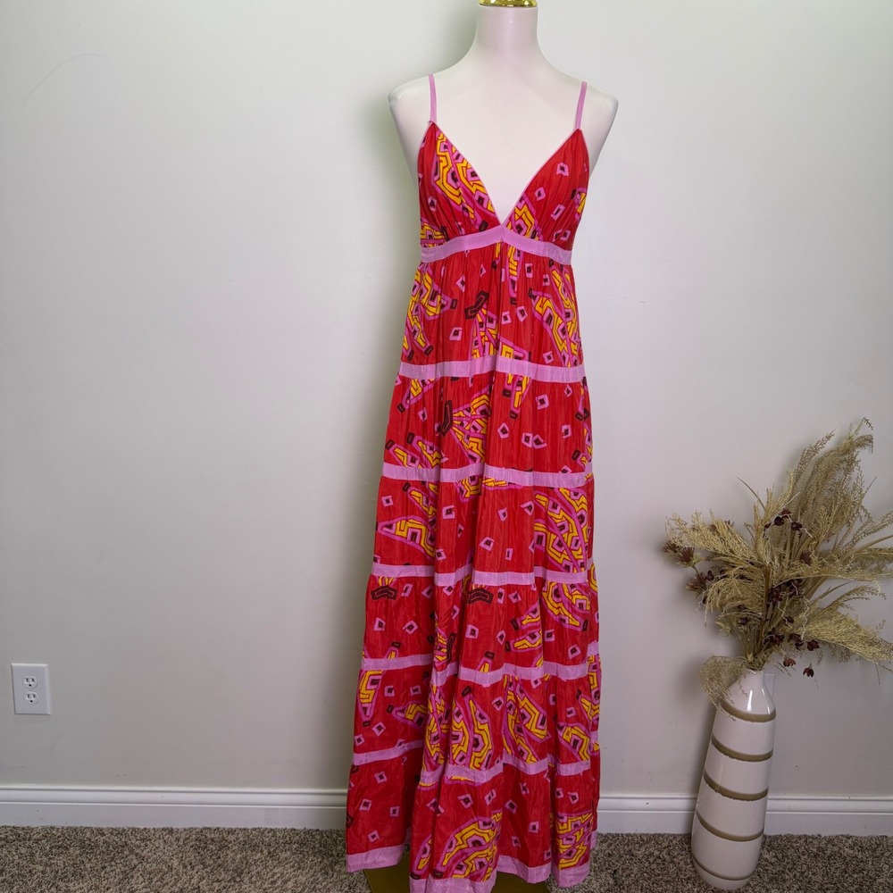 FARM Rio Womens Medium Red Geometric Print Tiered Cami Maxi Dress Pink Trim